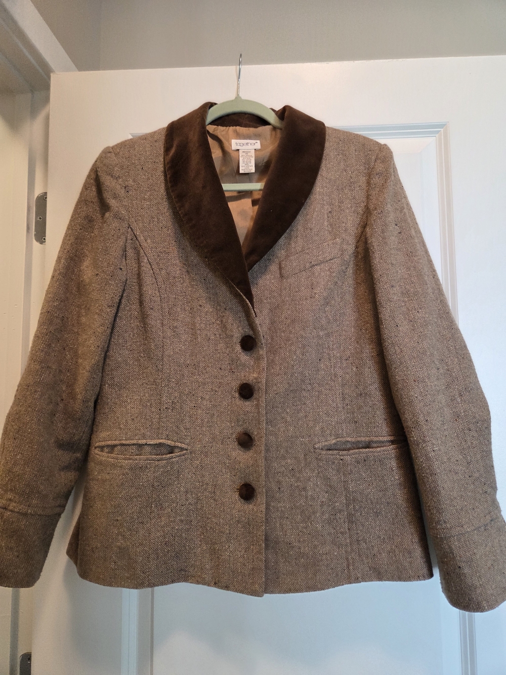 Together Missy Tweed Wool Blend Blazer Size 10 Velvet Collar Belted Back